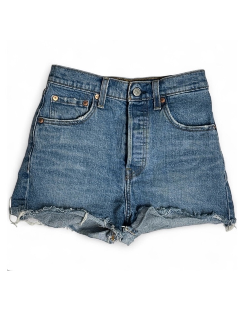 Levi’s Premium Ribcage Shorts Women Size 25 Blue Denim Raw Hem Coaatal Cowgirl